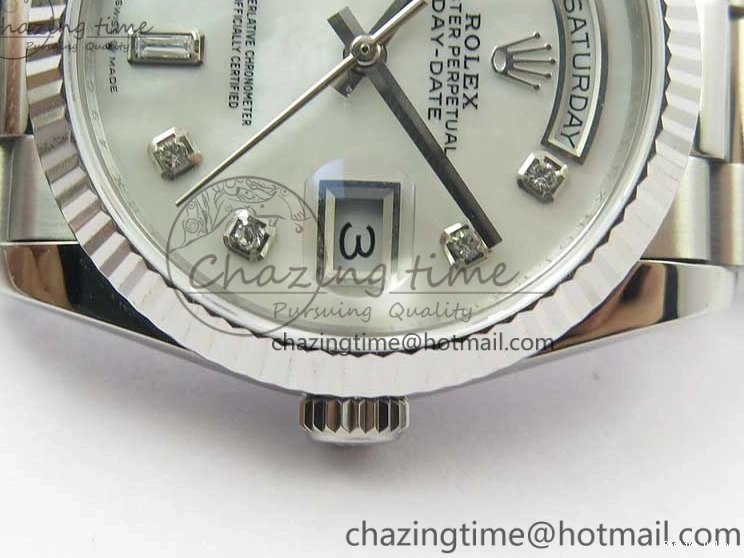 0521 Day-Date 36 SS 128239 Bp Maker Best Edition White MOP Dial Crystral Markers on President Bracelet FlexibleFit 3153